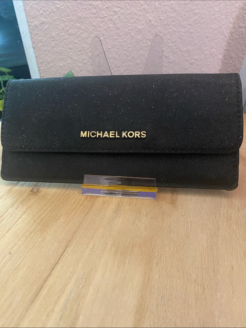 MICHAEL KORS Black Glitter Envelope Wallet with Gold Logo
